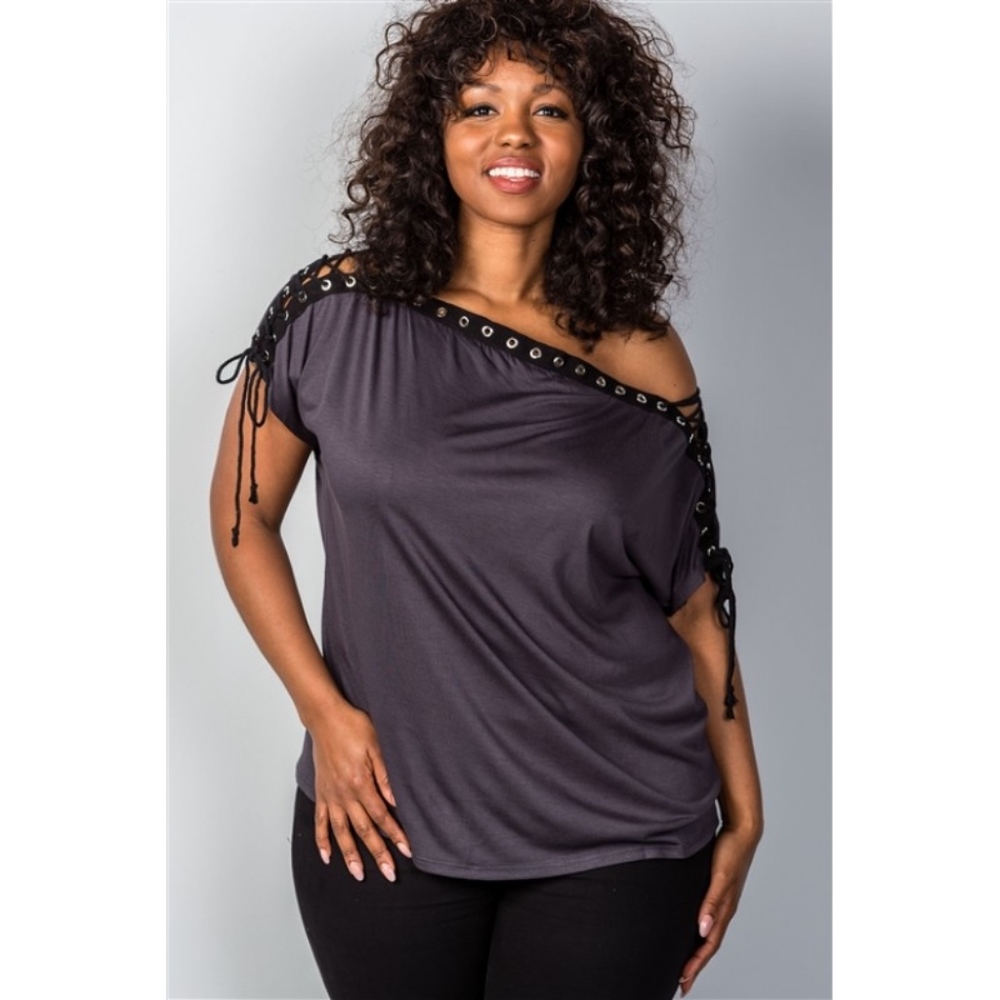 Lace-Up Neckline Top in Black (Plus)